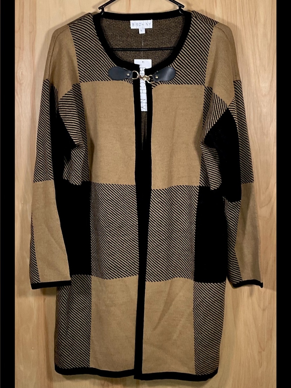 Birch NY Long Cardigan Sweater Black/Camel Plaid - NWT